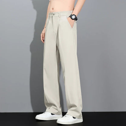 Men's 2026 Summer Korean Style Loose Straight Leg Draping Lightweight Casual Pants Slacks Khaki Dark Gray Black Trousers Male