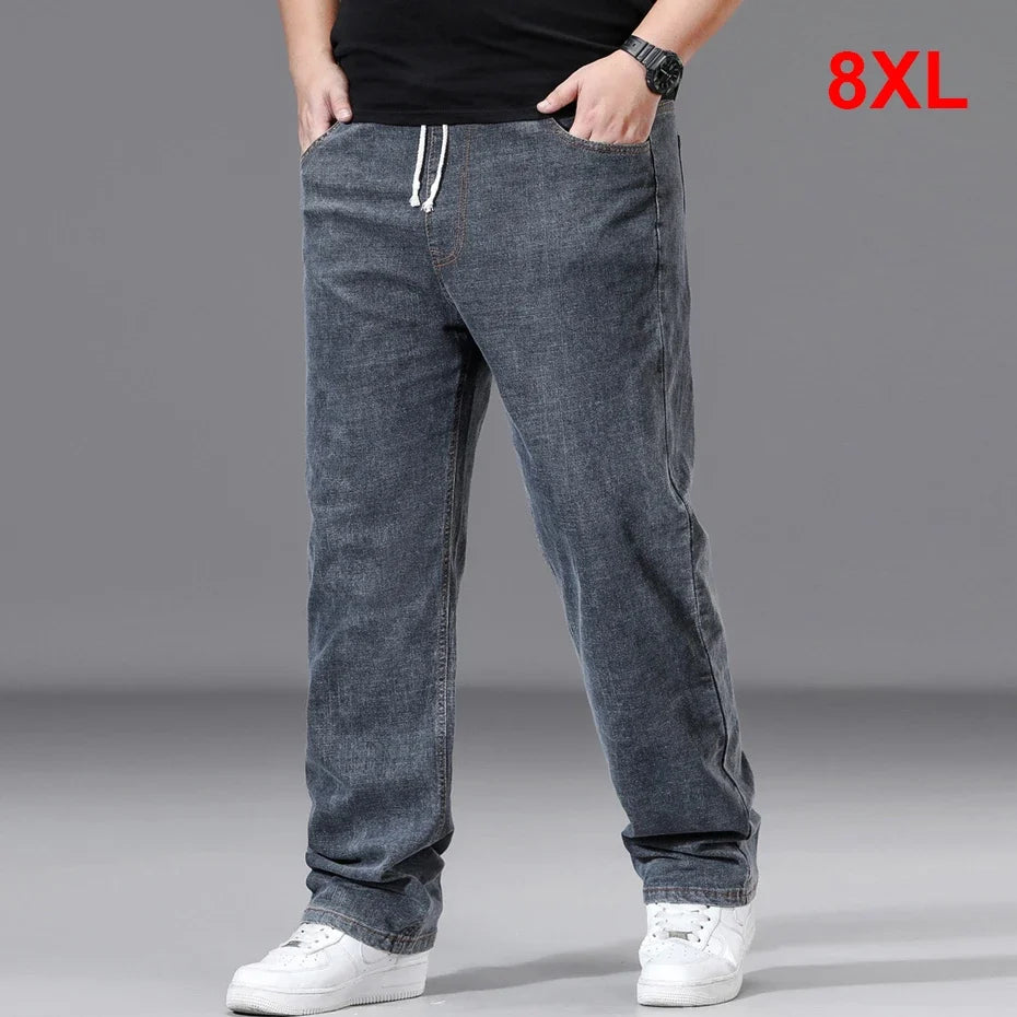 8XL Plus Size Jeans Men Solid Color Denim Pants Male Fashion Casual Baggy Jeans Elastic Waist Straight Pants