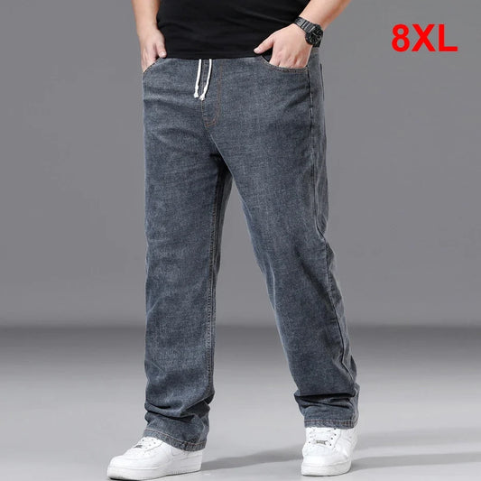 8XL Plus Size Jeans Men Solid Color Denim Pants Male Fashion Casual Baggy Jeans Elastic Waist Straight Pants