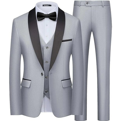 Men's 3 Pieces Shawl Collar Suits Blazer Vest Pants Slim Fit Tuxedo Suit Set One Button Formal  Jacket for Wedding Prom Party
