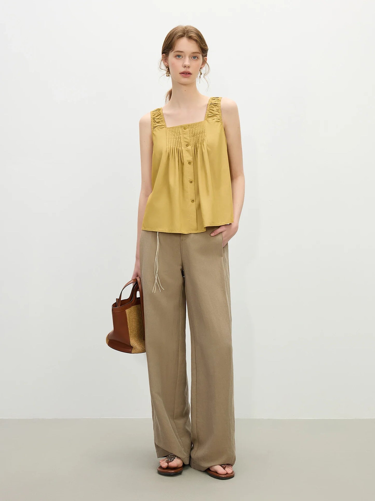 2025 Summer Women's Textured Linen Camisole - Relaxed Fit & Slimming Silhouette Casual Tanks & Camis 25FS12145