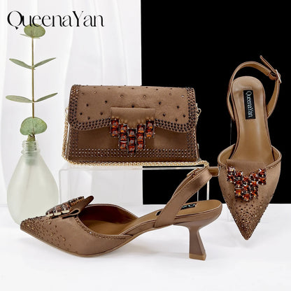 Elegant Navy Blue Handbag and Medium Heel Shoes Set with Beautiful Handmade Metal Decoration for Weddings and Parties