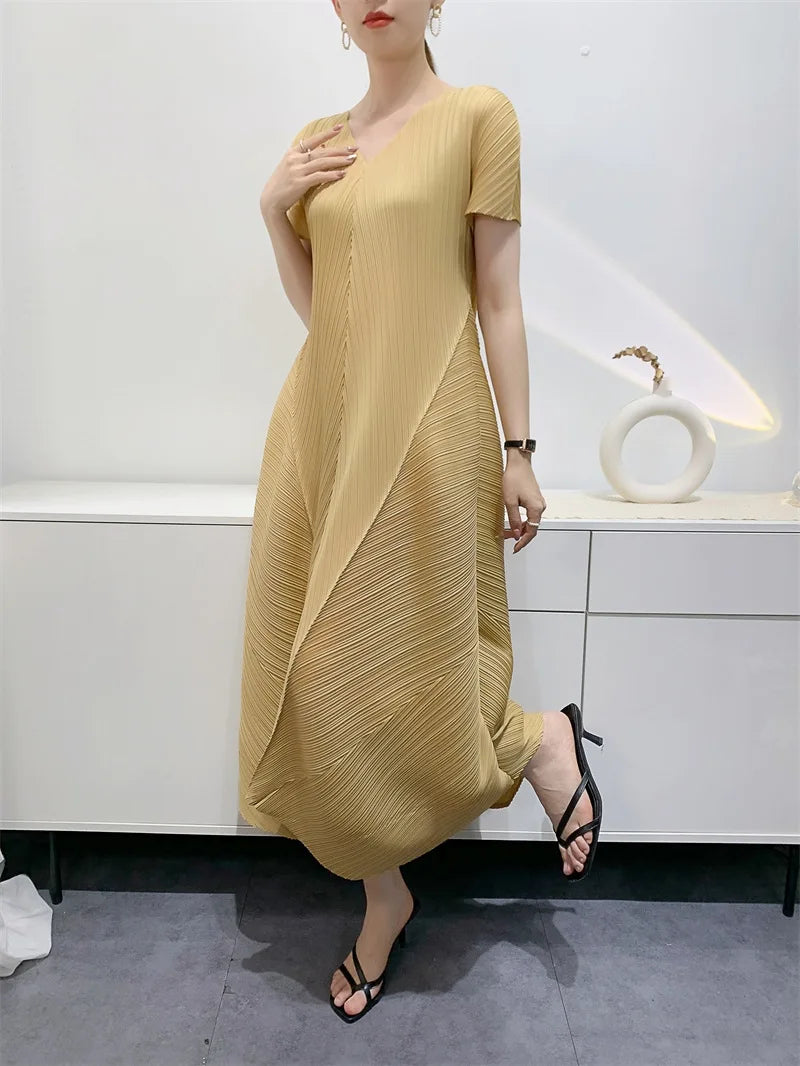 Miyake Bud Elegant Dresses for Women 2024 Autumn New Pleated Casual Fashion Solid Color Party Formal Occasion Dresses