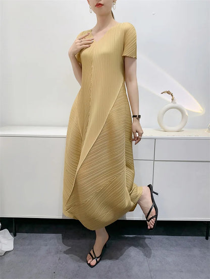 Miyake Bud Elegant Dresses for Women 2024 Autumn New Pleated Casual Fashion Solid Color Party Formal Occasion Dresses