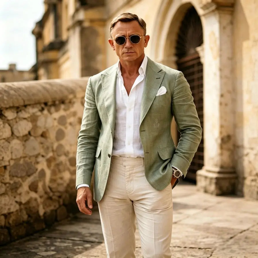 Sage Green 2 Pieces Men Suits Summer Lightweight Linen Slim Fit Casual Wedding Prom Party Blazer Jacket & Pants Set Breathable