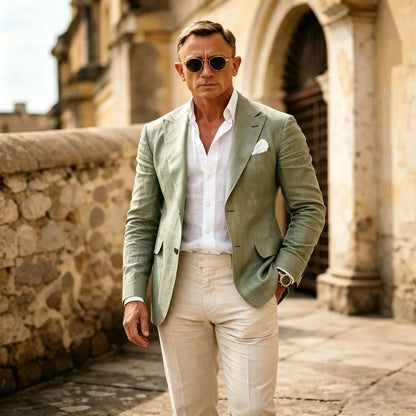 Sage Green 2 Pieces Men Suits Summer Lightweight Linen Slim Fit Casual Wedding Prom Party Blazer Jacket & Pants Set Breathable