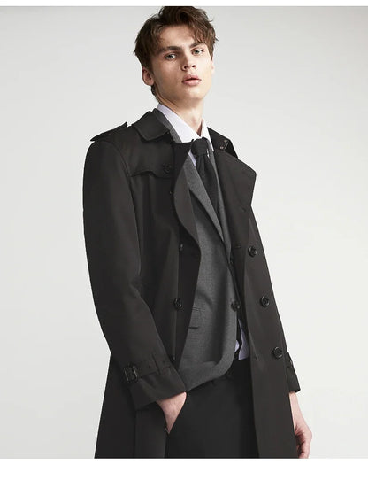 Spring Autumn Long Chic Khaki Trench Coat Men Belt Double Breasted Elegant Luxury British Style Black Overcoat 2025