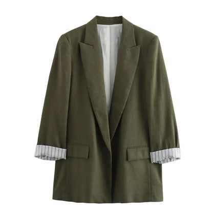 Women Fashion Solid Blazer Notched Collar Long Roll up Sleeves Female Chic Office Lady Business Outfits