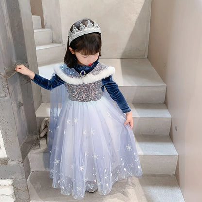 Girls' Spring 2026 New Velvet Elsa Frozen Princess Dress Kids Blue Cape 2 Piece Set Warm Dresses For Girl Party 3-9 Years Old ﻿