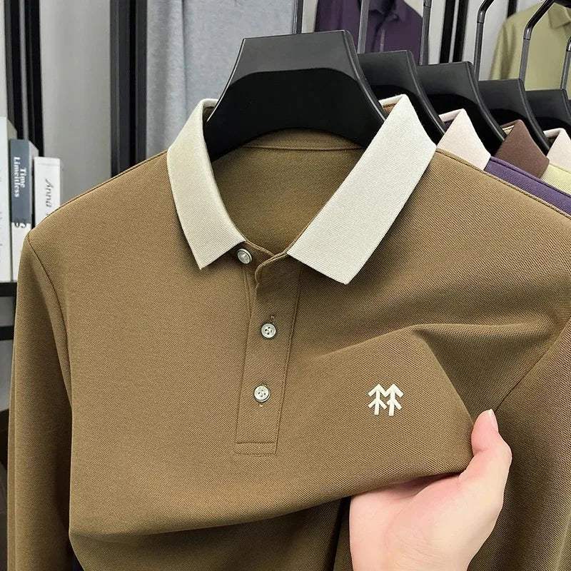 Fashion luxury brand long sleeve polo shirt men's autumn new trend badge embossed design Korean casual silk cotton lapel T-shirt