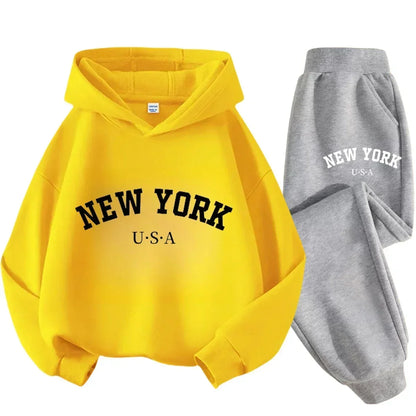 Children Hoodie Set Autumn Winter New York USA Letter Graphic Sweatshirt Pant Suit Baby Boy Girl Kid Sport Two Pieces Tracksuit