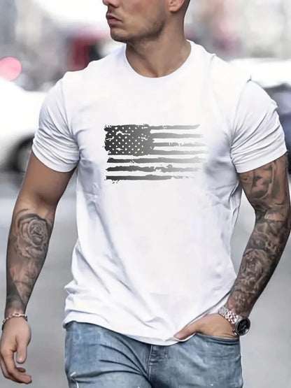 Men's summer 100 cotton fashionable casual loose plus size American flag printed sports round neck short sleeved T-shirt top