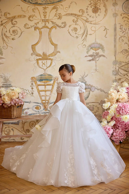 White Lace Tulle Flower Girl's Dresses for Wedding Bow Appliqued Ruffles First Communion Dress Baby Girl's Birthday Party Gowns