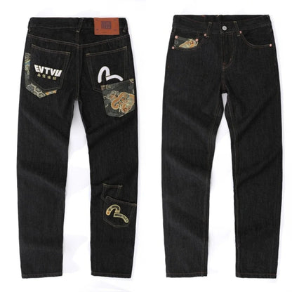 Japanese Handmade Embroidered Jeans Men's Pure Cotton Straight Tube Hip-Hop Popular Slim Red Ears Show Thin Trousers Devil Big M