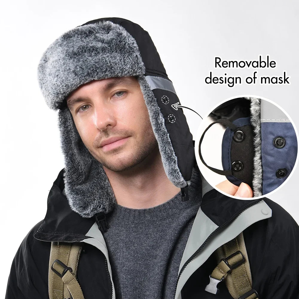 Men's Outdoor Fleece-Lined Thick Warm Reflective Strip Lei Feng Hat with Removable Mask Ear Flap Bomber Hat Winter Pilot Cap