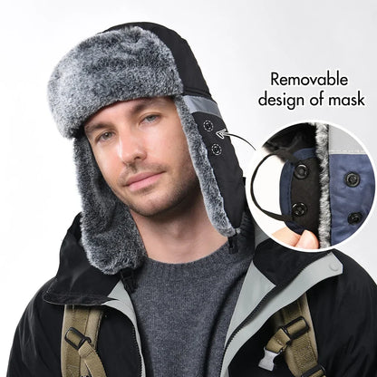 Men's Outdoor Fleece-Lined Thick Warm Reflective Strip Lei Feng Hat with Removable Mask Ear Flap Bomber Hat Winter Pilot Cap