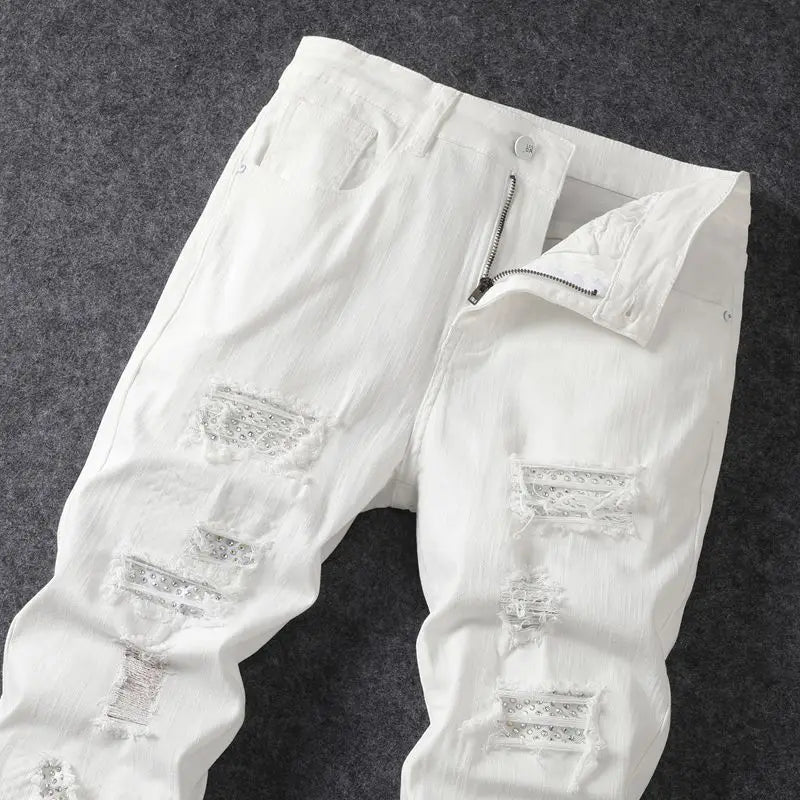 White Jeans Men's Cotton Skinny Elastic Ripped Hole Fashion Korean Denim Pants Rock Slim Trousers Hip-hop Streetwear