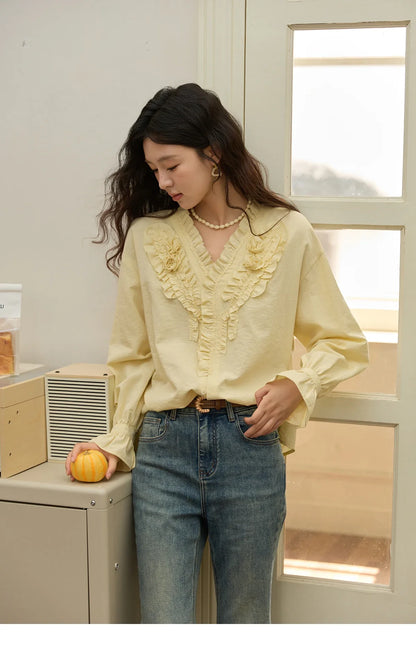 Hand Sewn Rose Blouse for Women Autumn 2025 V-neck  Edible Tree Fungus Edge Tops Sweet Lantern Sleeves Blouses MXE44X2470