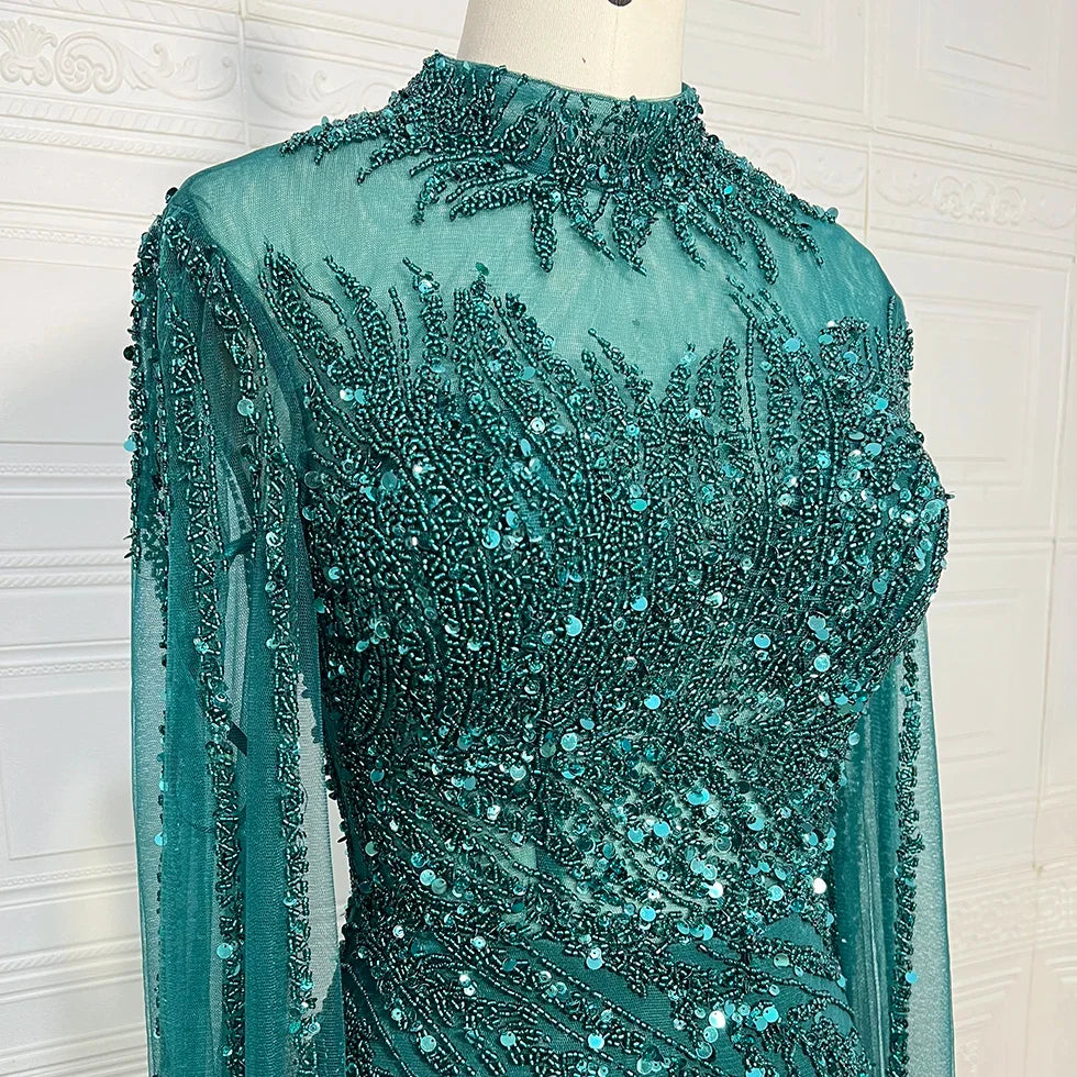 Luxury Saudi Arabia Mermaid Beaded Cape Sleeves High-Neck Evening Dresses 2025 Dubai Party Gowns for Women Wedding Customized