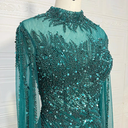 Luxury Saudi Arabia Mermaid Beaded Cape Sleeves High-Neck Evening Dresses 2025 Dubai Party Gowns for Women Wedding Customized