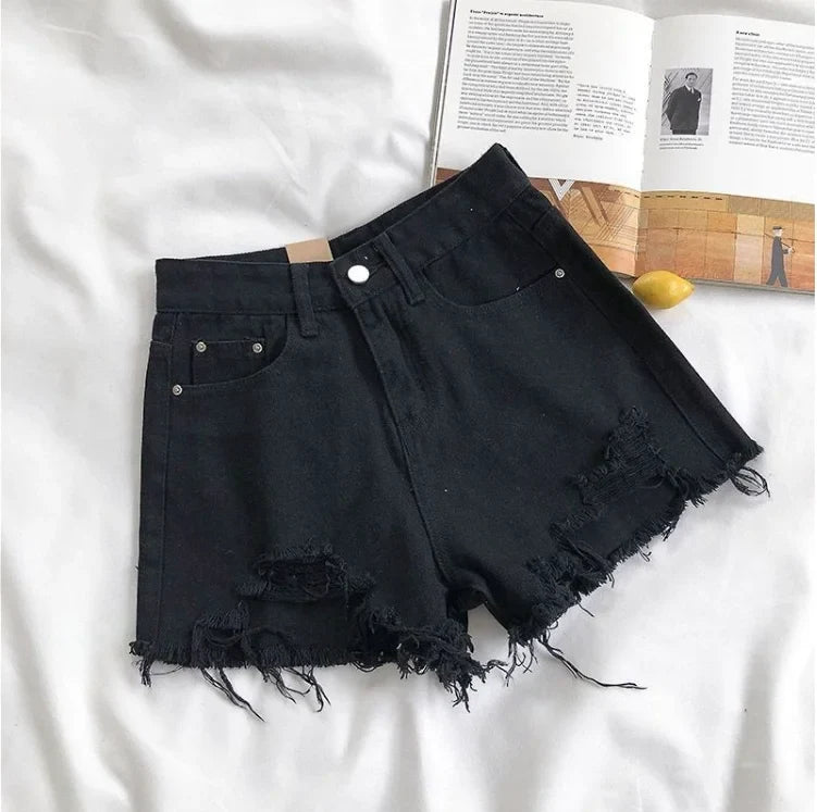 Korean Fashion Cowboy Shorts Women's Summer Casual High Waist Blue Denim Shorts Pocket Tassel Perforated Pants Y2K Female Jeans