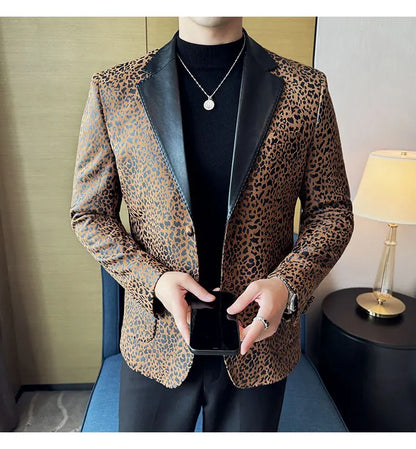 Splicing Leather Neck Casual Suit Jacket Fashion Leopard Men's Business Slim Fit Social Formal Blazers Wedding Groom Tuxedos
