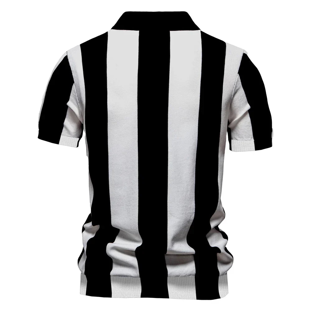 2025 New Summer Men's Breathable Striped Contrast Panel Polo Shirt - Casual Short Sleeve Knit Shirt with Comfort Fit