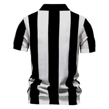 2025 New Summer Men's Breathable Striped Contrast Panel Polo Shirt - Casual Short Sleeve Knit Shirt with Comfort Fit