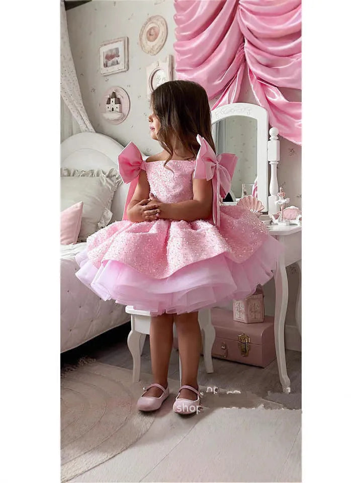Light Luxury Girls Pink Princess Ball Gown Children Cute Bow Design Birthday Wedding Party Dress y1663