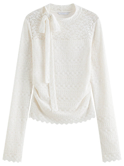 2025 Autumn Women's White Lace Crochet Knit Top Blouse Elegant Tied Front Y2K Retro Soft Pullover Sweet Off-Shoulder Shirt