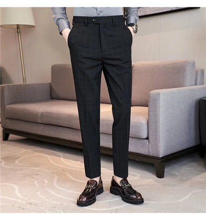2026 High Quality Men's Plaid Striped Suit Pants Fashion Business Slim Fit Casual Straight Pants Formal Wedding Party Trousers