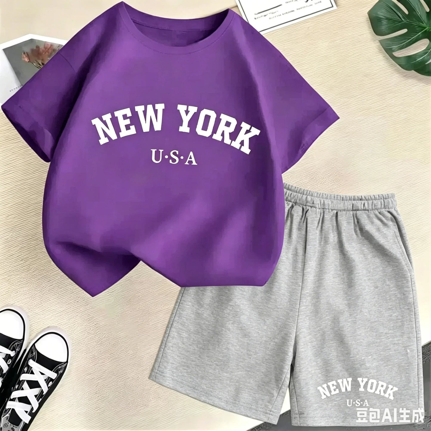 2026 New Kids Boys Girls New York Letter Pattern Cotton T-shirt+Shorts 2-Piece Set Casual Daily