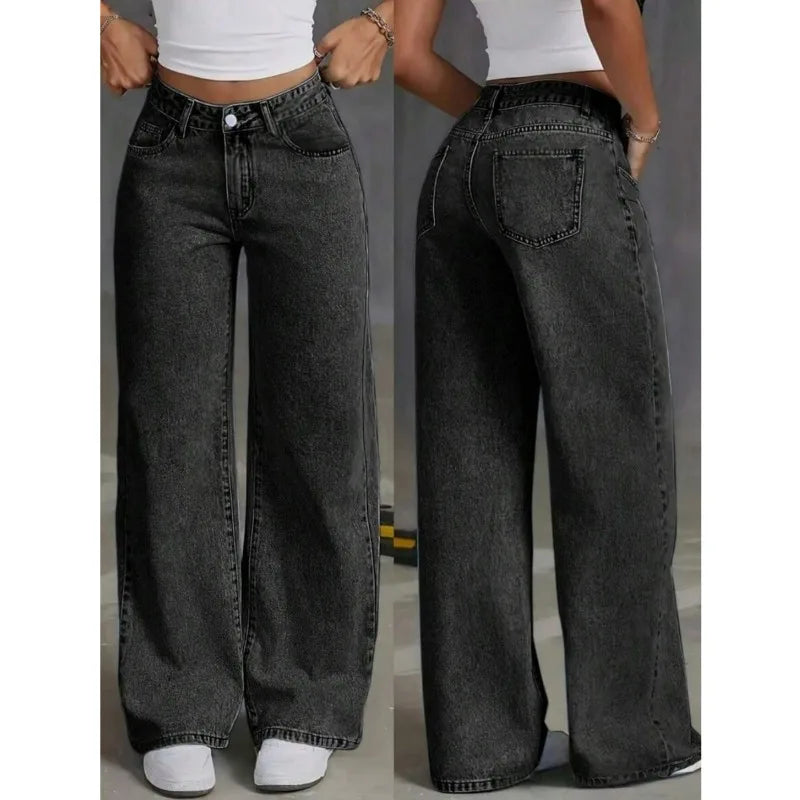 Women's Classic Wide Leg Stretch Jeans with Button  Soft Comfortable Autumn Winter Vintage Wash Stylish Jeans High Street Pants