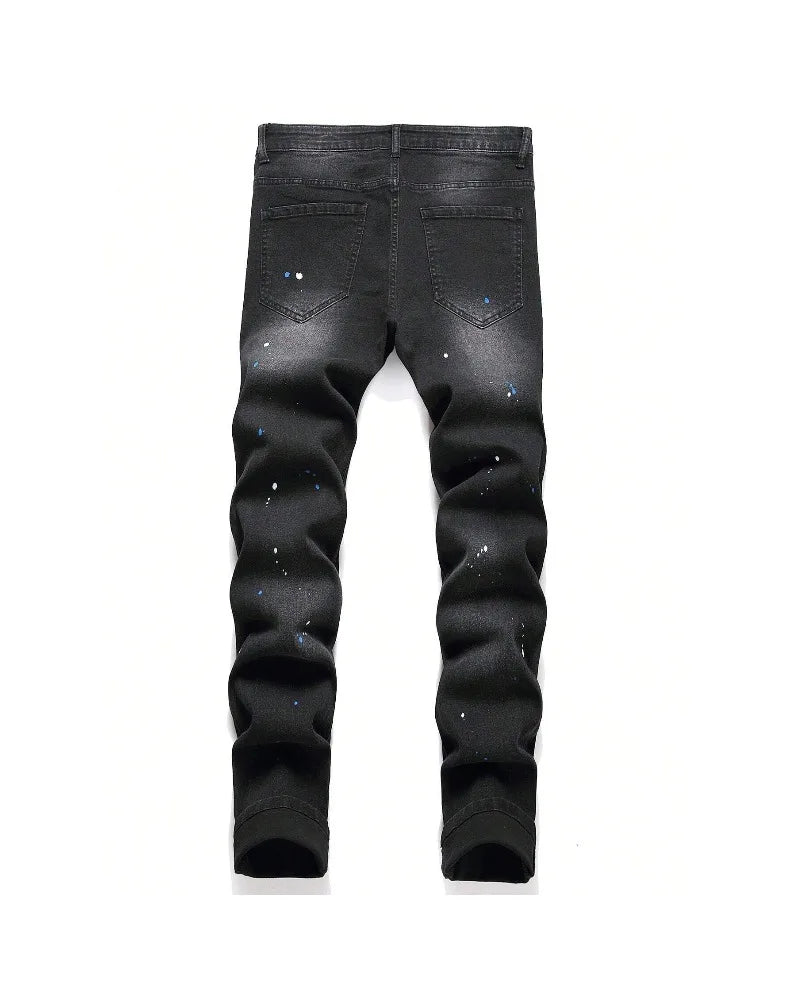2025 Autumn New Stretch Jeans Fashionable Ripped Patchwork Slim European American Pants Male Paint Dot Hip Hop Denim Trousers
