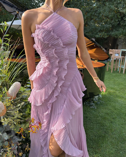 Gown Neck Strap Irregular Long Dress For Women Ruffle Sleeveless High Waist Backless Dresses 2025 New Summer Elegant Party Y2k