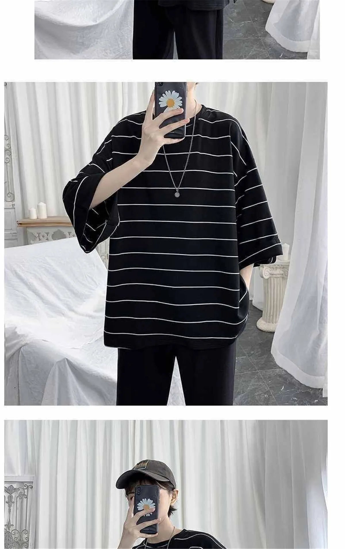 2026 Summer Oversized T-Shirt Men Funny Harajuku Tshirt Streetwear Femme Striped Japan Hip Hop Loose Half Sleeve T Shirts Male