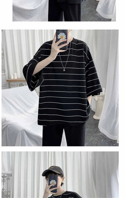 2026 Summer Oversized T-Shirt Men Funny Harajuku Tshirt Streetwear Femme Striped Japan Hip Hop Loose Half Sleeve T Shirts Male