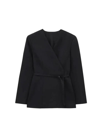 Women's Chic V-Neck Blazer Coat with Belt Long Sleeve Snap-Button Fashion Outerwear Top