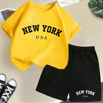 2026 New Kids Boys Girls New York Letter Pattern Cotton T-shirt+Shorts 2-Piece Set Casual Daily