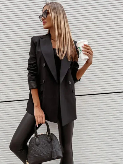 Autumn Winter New Style Women's Suit Coat Long Sleeve Double Buttoned Outerwear Top Cross-Border Fashion Polyester Fiber