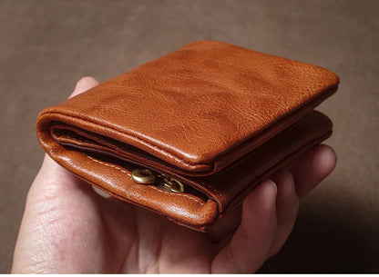 Retro Genuine Leather Short Wallet Men and Women Bifold Money Clip Credit Card Holder with Zipper Coin Pocket Small Purse