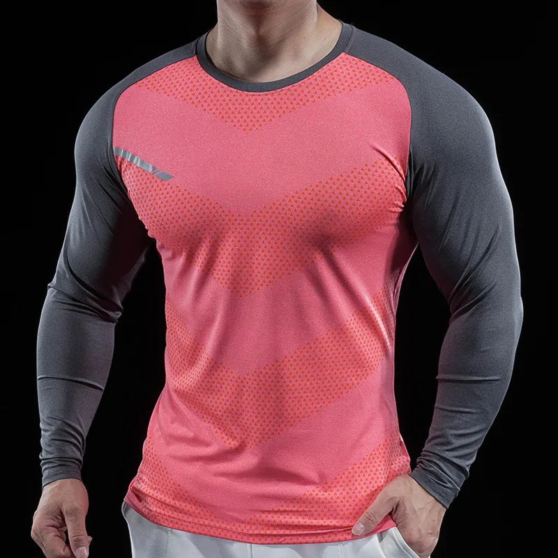 Autumn Winter Men Gym Fitness Display Long Sleeve T-Shirt Crew Neck Elastic Moisture Wicking Tights Running Training Bottom Top
