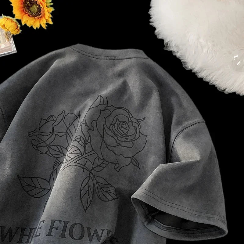 Summer Goth Flowers Design Printed Tshirts For Men Y2K Vintage Short Sleeve T-shirts Hip Hop Fashion Streetwear Cotton Tee Shirt