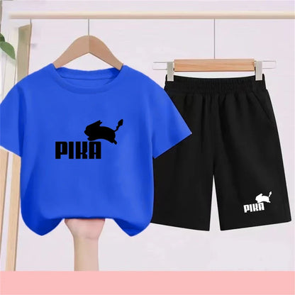 Summer Rabbit Graphics Boys Black Girls Pink Age 3-12 Tee+Shorts Suit Children Short Sleeve T-shirts Child  Casual Clothes