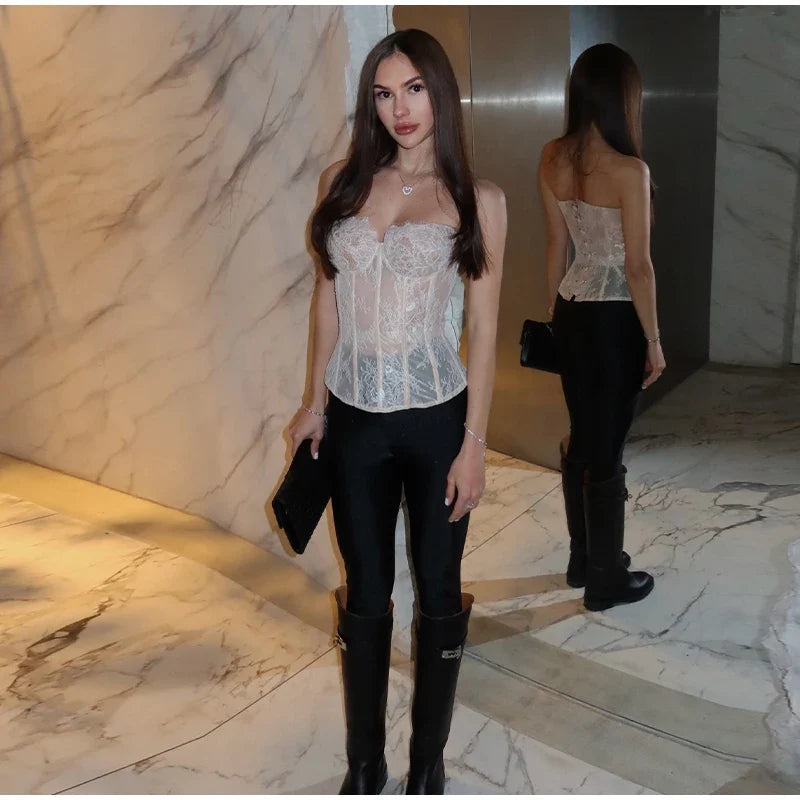 Sexy Women Sheer Lace Corset Top Bodycon Strapless Boned Bustier Sleeveless Back Lace-up Outfit 2026 New Fashion Party Clubwear