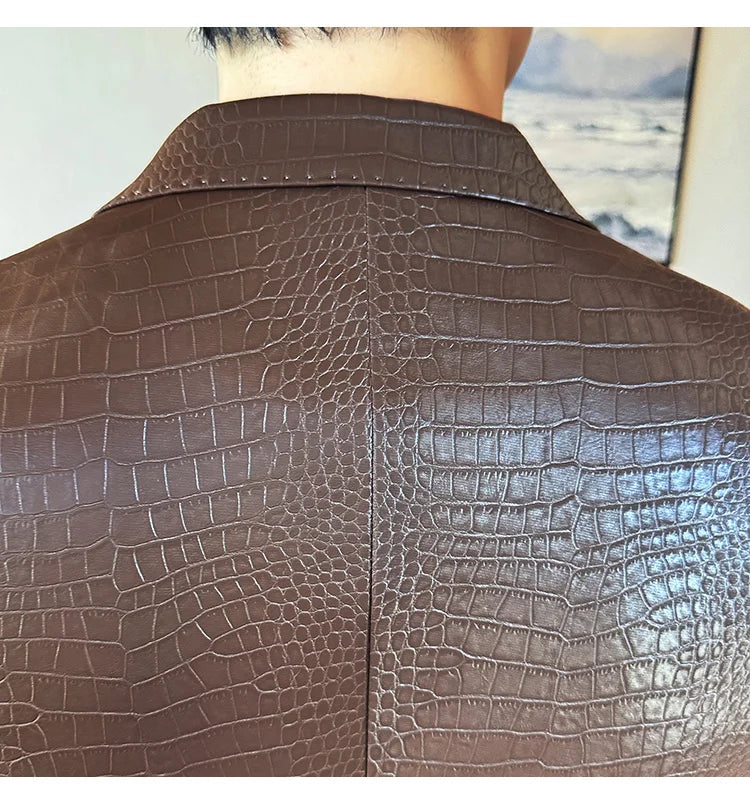 New High Quality Crocodile Stripe Slim Fit Leather Jacket Classic Business Casual Slim Fit Men Blazer Tuxedos Men Clothing 4XL-M