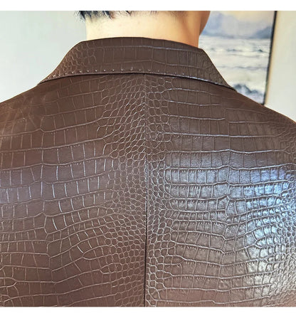 New High Quality Crocodile Stripe Slim Fit Leather Jacket Classic Business Casual Slim Fit Men Blazer Tuxedos Men Clothing 4XL-M