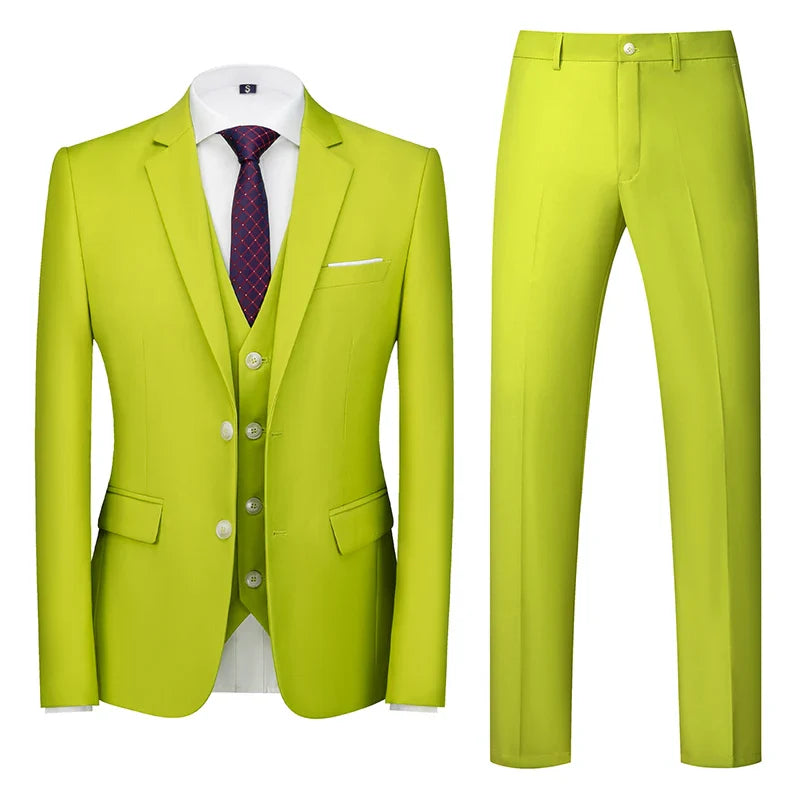 2026 New Men's Suit 3-Piece, Wedding Party Dress Jacket Vest Trousers, Fashion Slim Fit Blazer Waistcoat Pants Red Blue Green