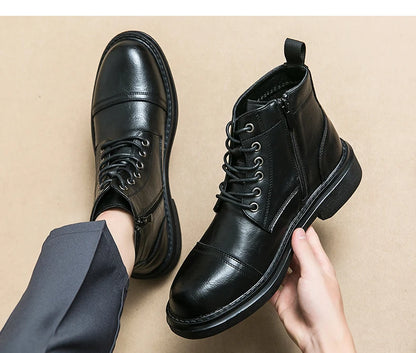 Men Black Leather Boots Casual Lace Up Leather Shoes Size 39-46