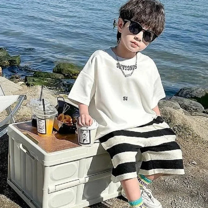 Summer Boys Cotton Leisure White T-Shirt Tops+Contrast Stripes Shorts Pant Set School Kids 2PCS Tracksuit Children Outfit 3-14Yr